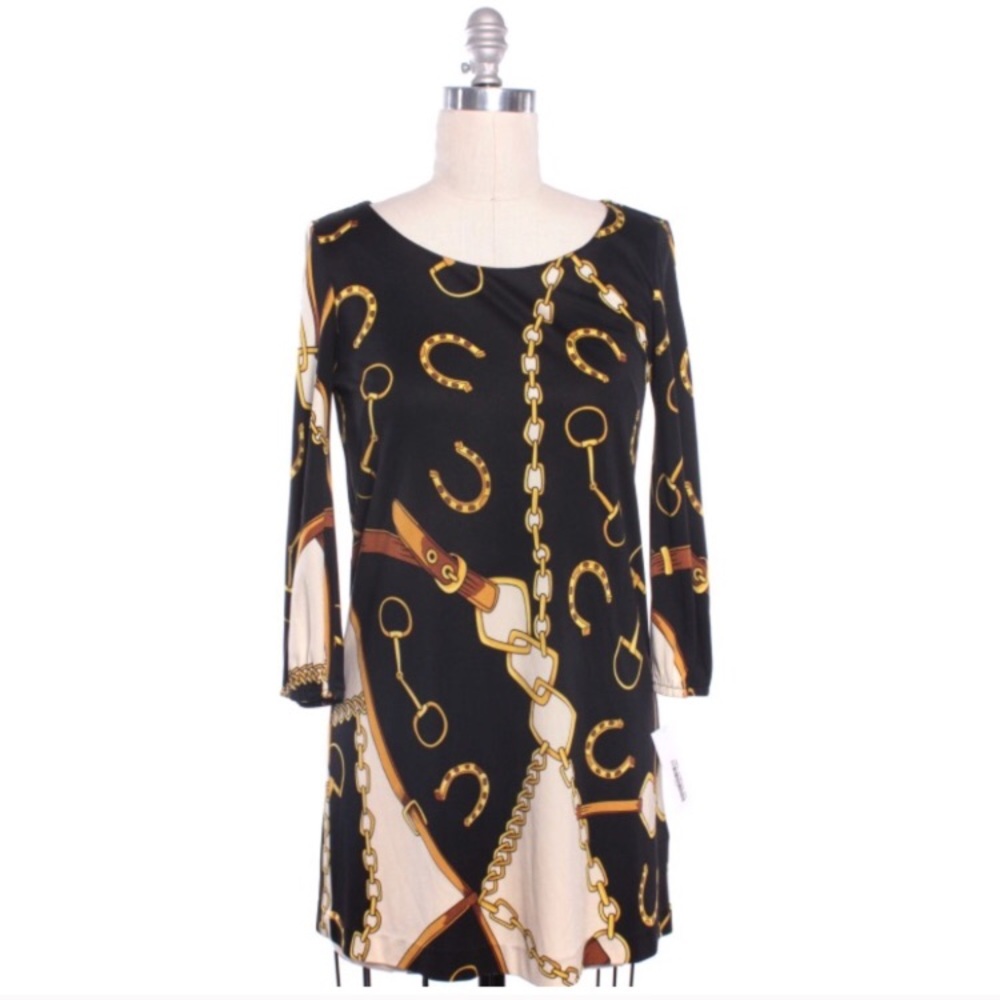 Tibi Black Gold Chain Horseshoe Print Silk Dress M
